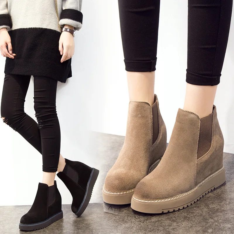 

Solid Round Toe Women Chelsea Boots Slip-on Flat Height Increasing Vintage Motorcycle Boots Ankle Shoes