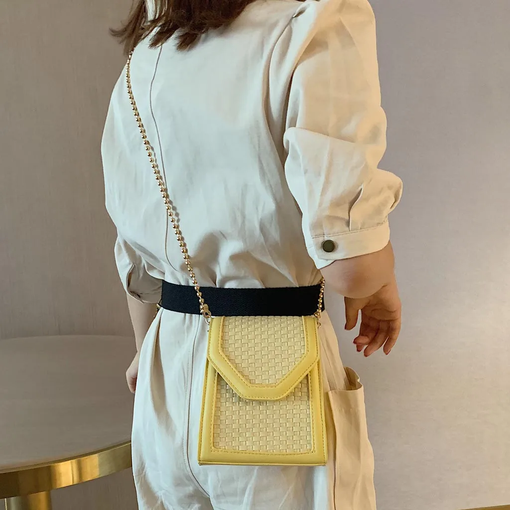 

Magnet Buckle Straw Chain Small Mini Bag Woman Woven Shoulder Bag Solid Color Messenger Mobile Phone Bags Female Bucket Bags