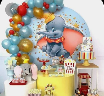 

Circle background Dumbo elephant round Backdrop bay shower kids birthday Party event decor table cover star blue panel YY54