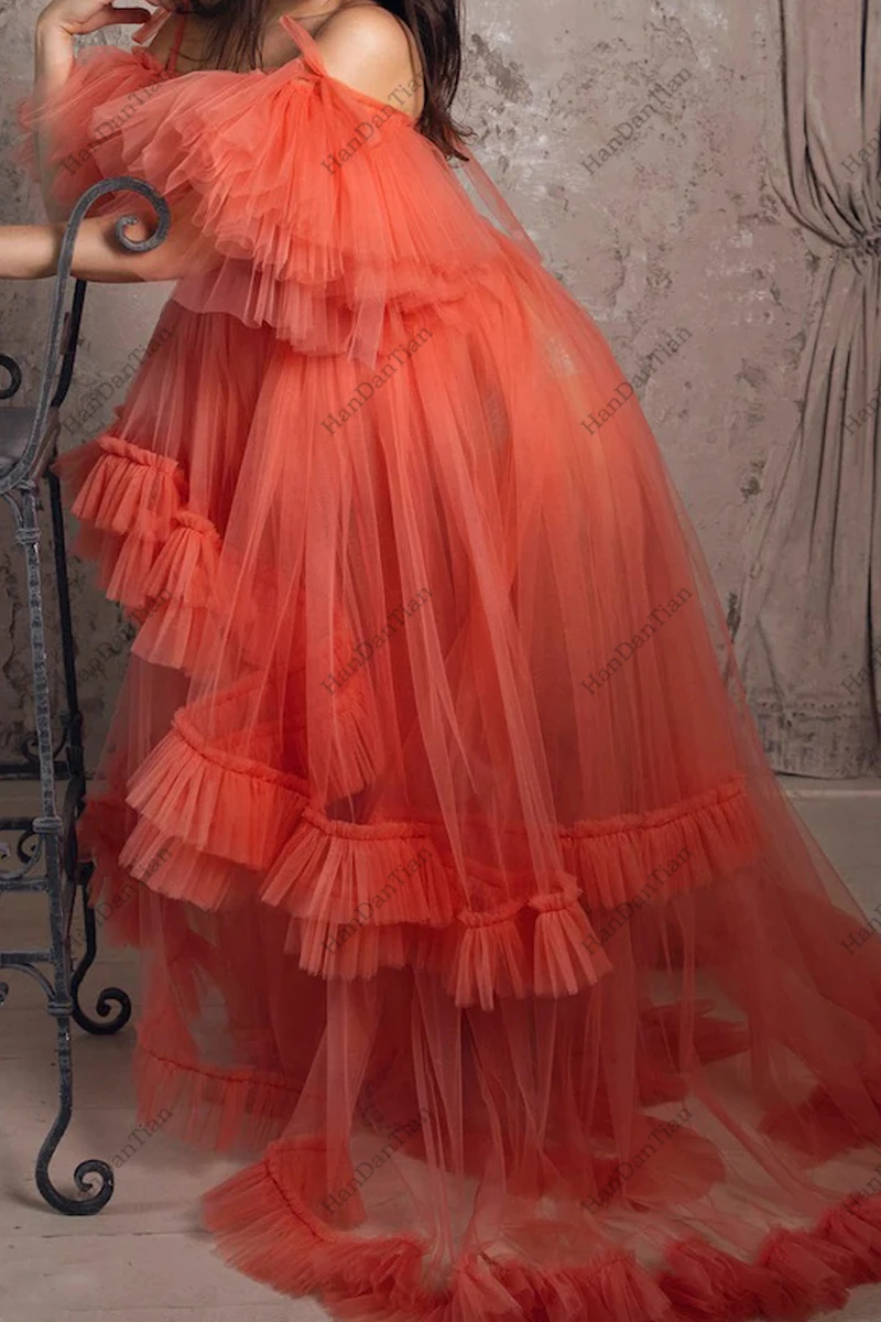 2021 Maternity Dress for Photoshoot Sheer Long Tulle Robe with Ruffles Off the Shoulder Gown