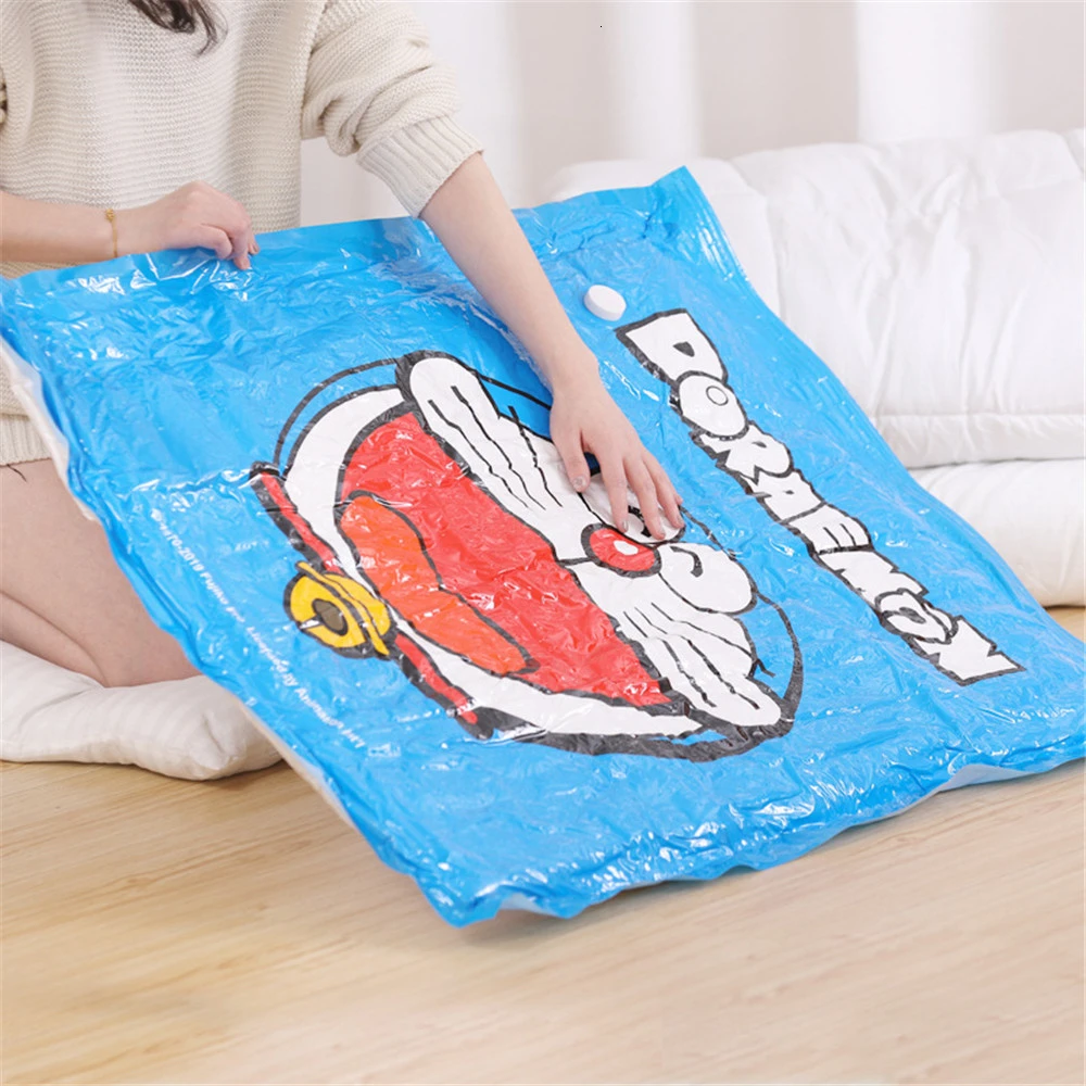 Мультяшные вакуумные сумки Doraemon для упаковки одежды, Домашний Органайзер, дорожная сумка для хранения, компрессионная сумка с клапаном, одежда, ручной насос на молнии