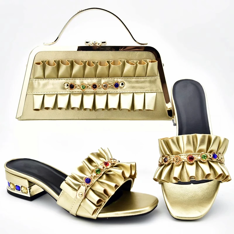 Новейшего дизайна в африканском стиле на высоком каблуке Женская обувь для вечеринок с сумочкой в комплекте, украшенные с Стразы элегантная обувь с украшением в виде кристаллов; обувь без шнуровки женские туфли-лодочки для вечеринки
