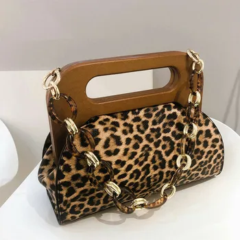 

New Chain Wooden Handle Clip Handbag And Purse For Women Women's Fashion Leopard Crossbody Shoulder Bags Luxury Designer 2020