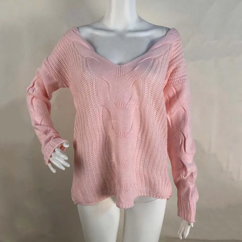 Женские сексуальные свитера большого размера с v-образным вырезом и открытыми плечами, вязаные мягкие теплые женские повседневные однотонные Топы с длинным рукавом, трикотаж - Цвет: Pink