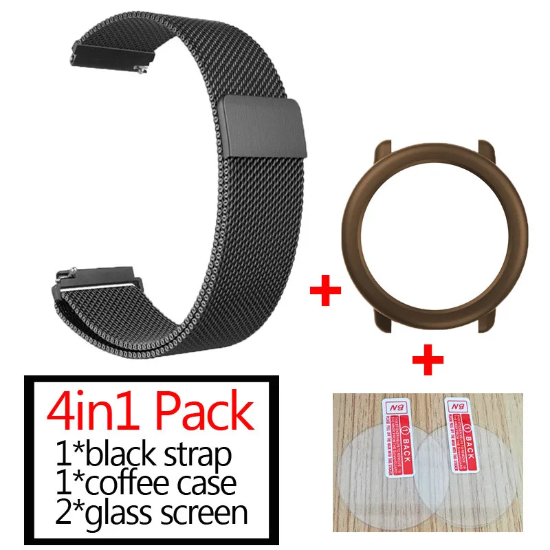 black-coffee 3в1 Для xiaomi Huami Amazfit pace ремешок для часов металлический Миланский ремешок+ защитный чехол для наручного ремня+ Защитное стекло для экрана - Цвет: black-coffee