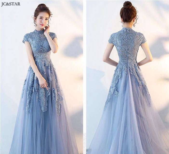 Vestido madrinha, новинка, кружевное платье трапециевидной формы с коротким рукавом и круглым вырезом, пыльно-голубое платье подружки невесты, свадебное платье со шлейфом, винтажное платье для гостей, damas de hon