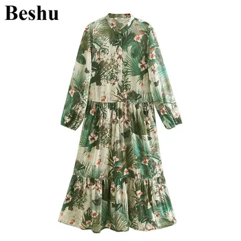 

za 2020 fashion long dress women green chiffon print O-neck single-breasted elegant dress draped loose ink painting mujer