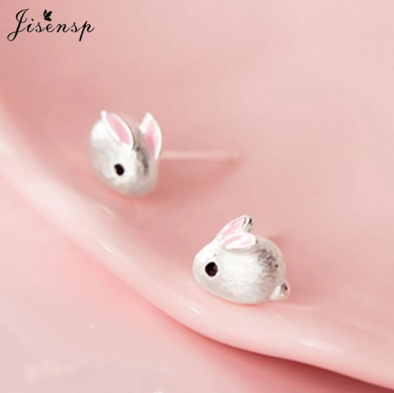 Jisensp Silver Plated Earrings Lovely Tiny Rabbit Ear Stud for Women Girls Cartoon Bunny Earring Fashion Jewelry Gift