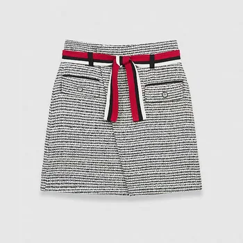 

Small fragrant women skirt contrast color tweed front split lady mini skirt with belt 2020 spring summer new