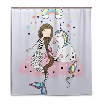 

Shower Curtains Cute Star Unicorn Mermaid Waterproof Bath Curtain Bathroom Home Decor 66 x 72 in with 12 Hooks