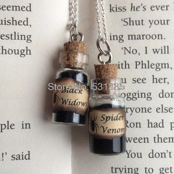 

12pcs/lot Black Widows & Spider Venom Bottle Necklace Pendant silver tone jewelry