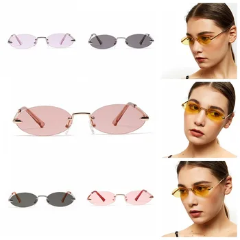 

Retro Oval Sunglasses Women Frameless 2019 Gray Red Clear Lens Rimless Sun Glasses For Women Uv400