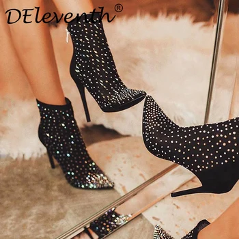 

DEleventh Brand Crystal Pointed Toe Carda Vienna Staple Pointy Stiletto High Heels Shoes Woman Boots Garda Booties Black 42