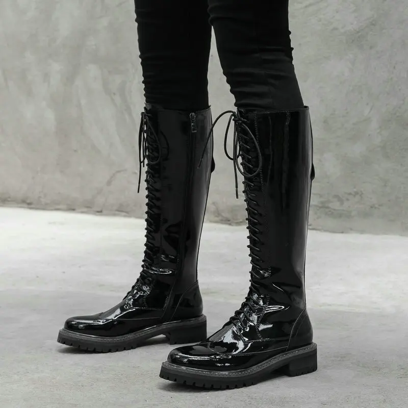 Patent leather Black Черные роскошные натуральные кожаные военные женские ботинки с круглым носком на квадратном каблуке; женские сапоги до колена; коллекция года; зимняя обувь - Цвет: Patent leather Black