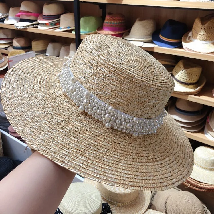 New Handmade Pearl Straw Hat Wild Big Brim Hat Female Summer Seaside Vacation Beach Hat