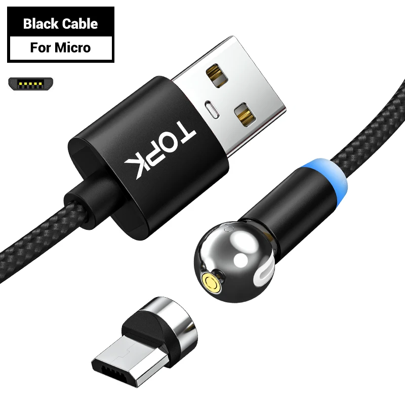 Black Micro Cable TOPK AM28 вращающийся на 360 градусов Магнитный кабель Micro usb type C светодиодный магнитный кабель для зарядки для iPhone 11 Xs Max X 8 7 6 - Цвет: Black Micro Cable