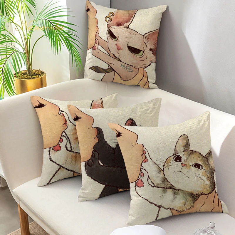 

New Funny Love Kiss Cute Cat Pillows Cases for Sofa Home Car Cushion Cover Pillow Covers Decor Cartoon Linen Pillowcase 45x45cm