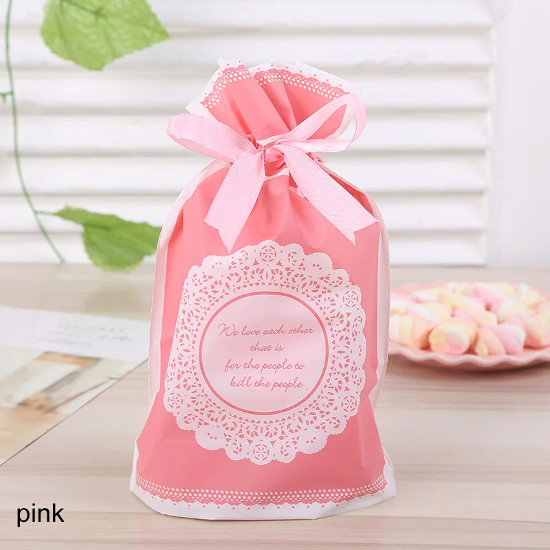 Розовый Wedding Decor Birthday Party Supplies Drawstring Bags Plastic Gift Package Cookie Snack Candy Bag Ribbons Food Biscuits Pouch - Цвет: Розовый
