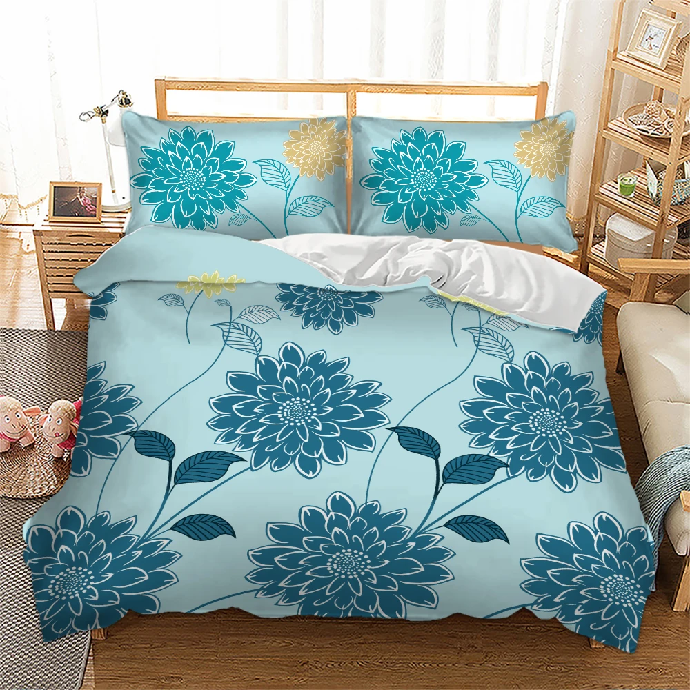 

Floral Bedding Set Cyan color Duvet Cover with Pillowcases Twin Queen King Size Bed linen 3pcs