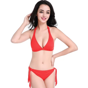 

2019 Red Swimsuit Retro Bikini Women Sexy Bikini Ladies Swimsuit Sports Swimwear Plunge Halter Bandage Knitted Bikini Set