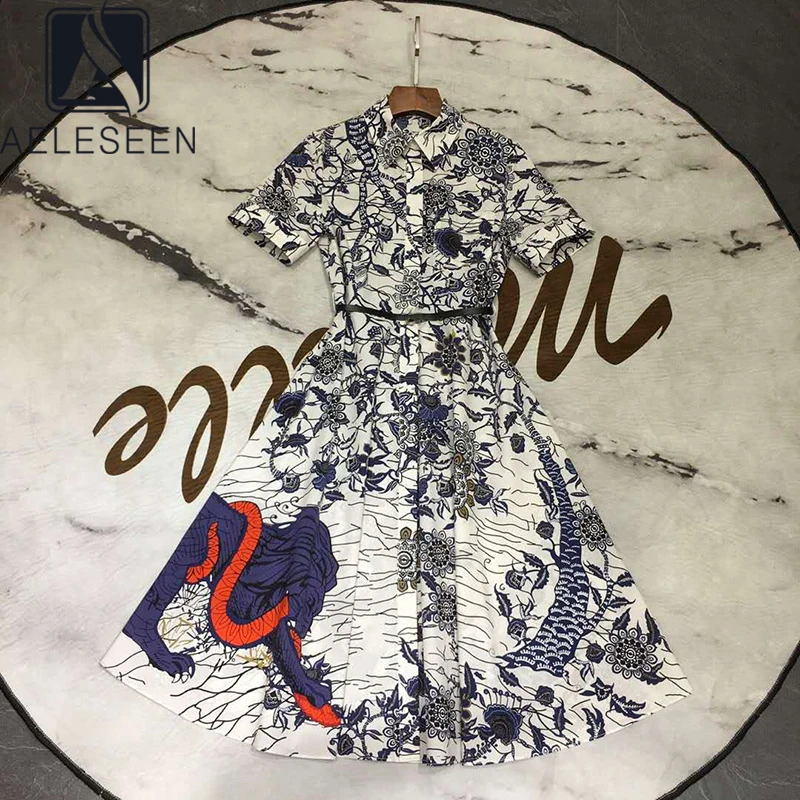 

AELESEEN Runway Fashion Cotton Dress 2020 Women Summer Short Sleeve Dress Belt Flower Animal Print Holiday Party Dress Vestidos