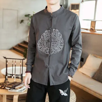 

Men Shirts Chinese Traditional Vintage Casual Long Sleeve Stand Collar Shirts Black White Gray Shirts Top For Men Plus Size 5XL