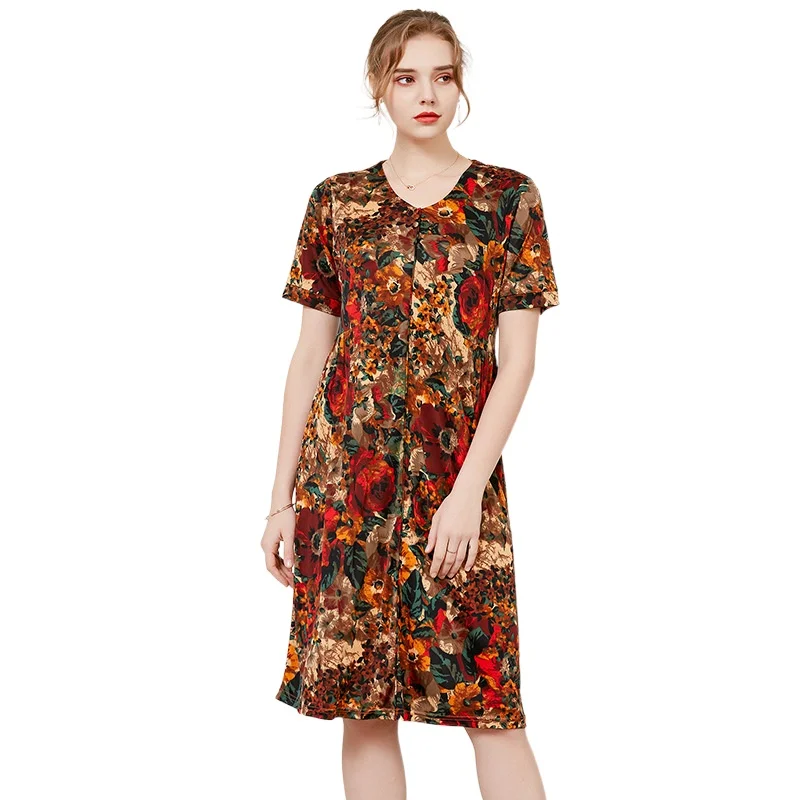 

High Quality New Short-sleeved Printed Silk Dress Thin and Covers Middle-aged Women's Mulberry Silk Mid-length Dress