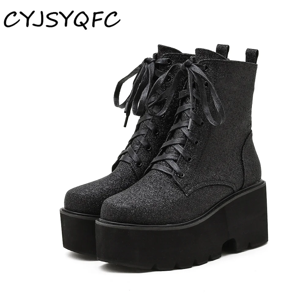

CYJSYQFC Fashion Bling Western Ankle Boots For Women Black Silver Chunky Heel Platform Woman Short Boots Punk Goth Lace Up Shoes