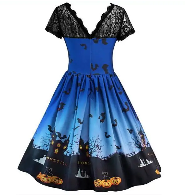 Семь цветов на выбор женское платье с коротким рукавом на Хэллоуин Ретро винтажное кружевное платье трапециевидной формы Тыква платье для