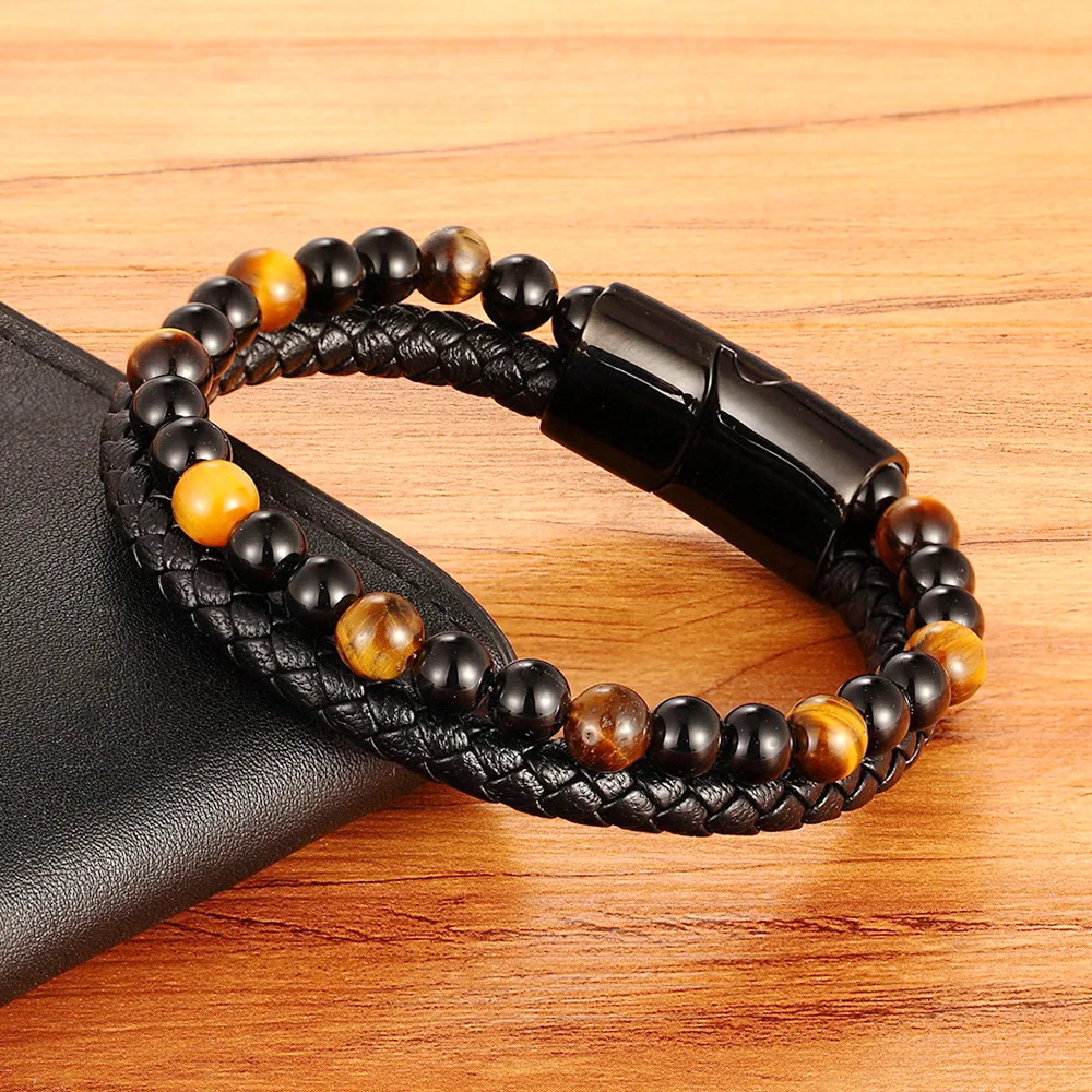 Leather Bracelet TYO Men Natural Stone Beads Double Layer Stainless Steel Magnetic Clasp