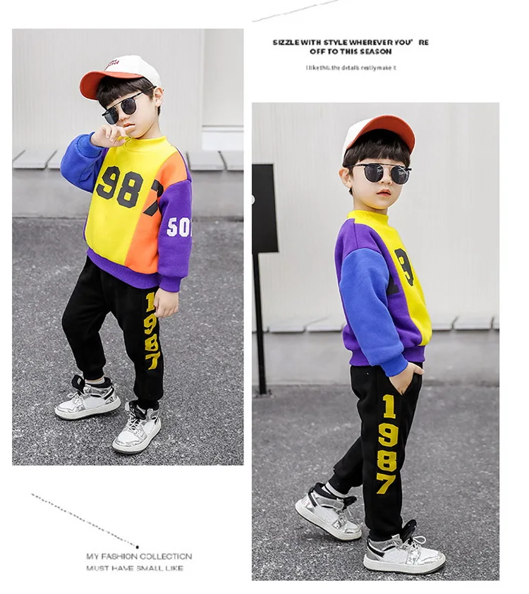 winter Kids Warm Kids Set Boy Children's Fashion Suit Baby Kids Clothing Sets Boy PThickening plush sweater+ plush jeans 2pcs