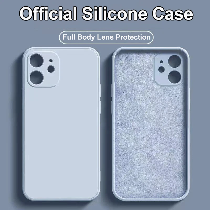 Original Square Edges Liquid Silicone Case Logo for Apple iPhone 13 12 11 Pro Max Mini Xs XR SE 7 8 Plus Lens Protection Cover | Мобильные
