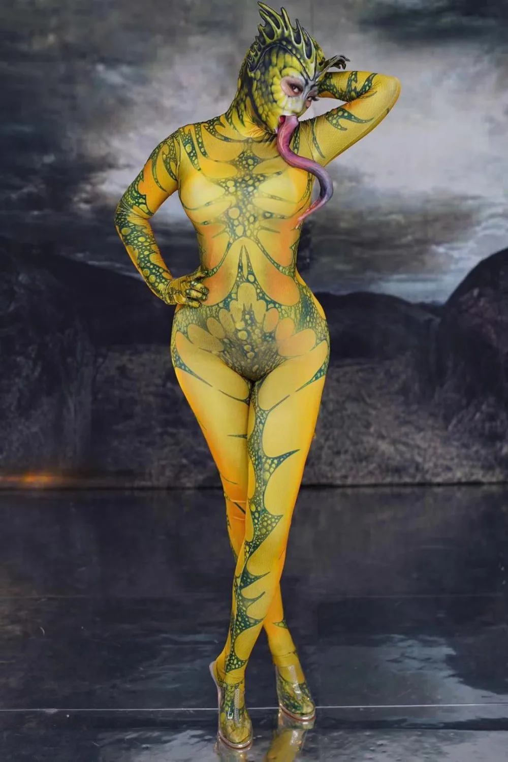 Halloween Animal Cosplay Costume Lady Nightclub Role Playing Costume Lizard Pattern Printing Jumpsuit Club Party Show Jumpsuits