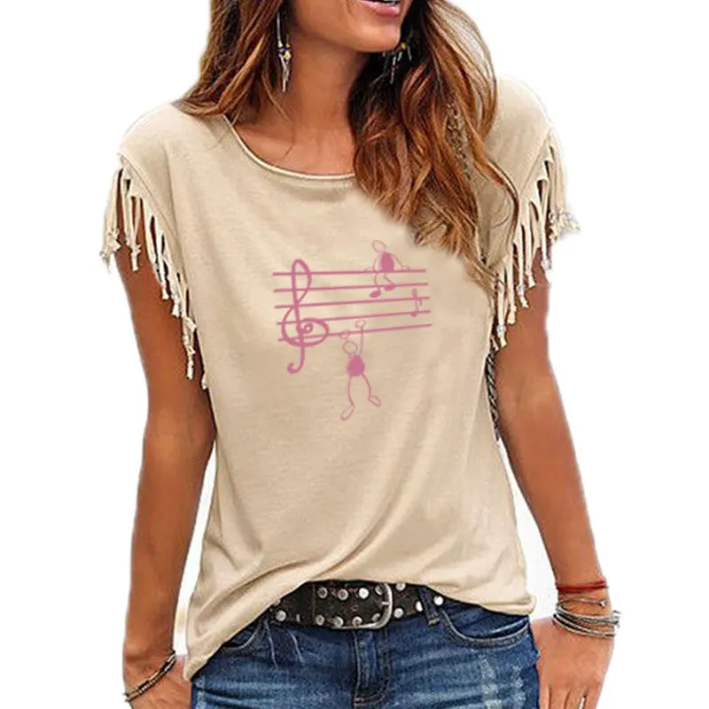 2021 Fashion Music Notes Woman T Shirt Print Fit Ladies Casual Cotton Tassel Short Sleeve O-neck T-shirt 3