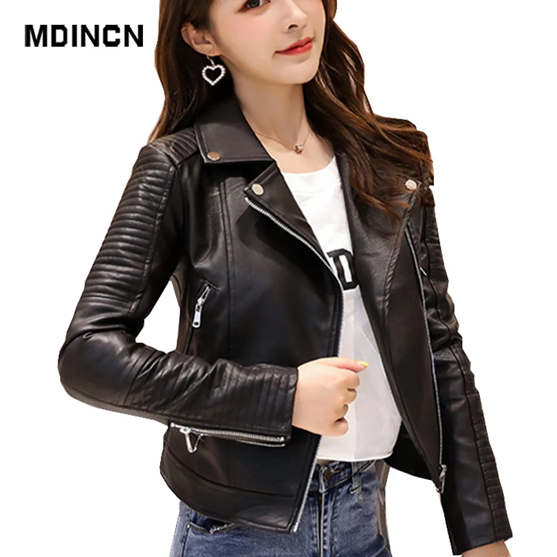 MDINCN весна осень новая кожаная одежда Женский костюм воротник короткая кожаная куртка женская тонкая мотоциклетная Женская куртка