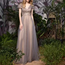 Элегантные серые длинные платья для выпускного бала, сексуальные с v-образным вырезом, с коротким рукавом, с бисером, с блестками, вечерние платья для женщин, вечерние платья, vestido de festa longo