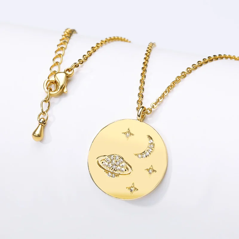 

Star Saturn Collares Bijoux Round Coin Necklace Women Birthday Gift Stainless Steel Chain Disc Pendant Fashion jewelry 2019