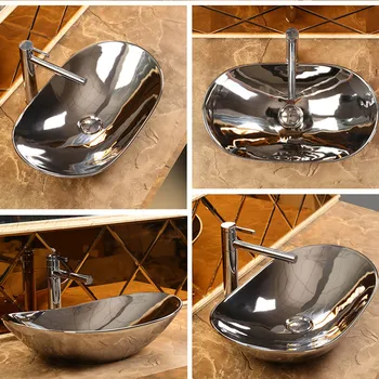

Europe Silver Countertop Wash Basin Electroplated Gold Wash Basin Bathroom Shampoo Sinks Hotel Ceramic Art Basin Vessel Sinks