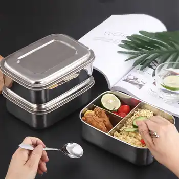 

3 Sizes Stainless Steel Lunch Container Three Section Design for Sandwich and Two Sides Metal Bento Lunch Box for Kids or Adults