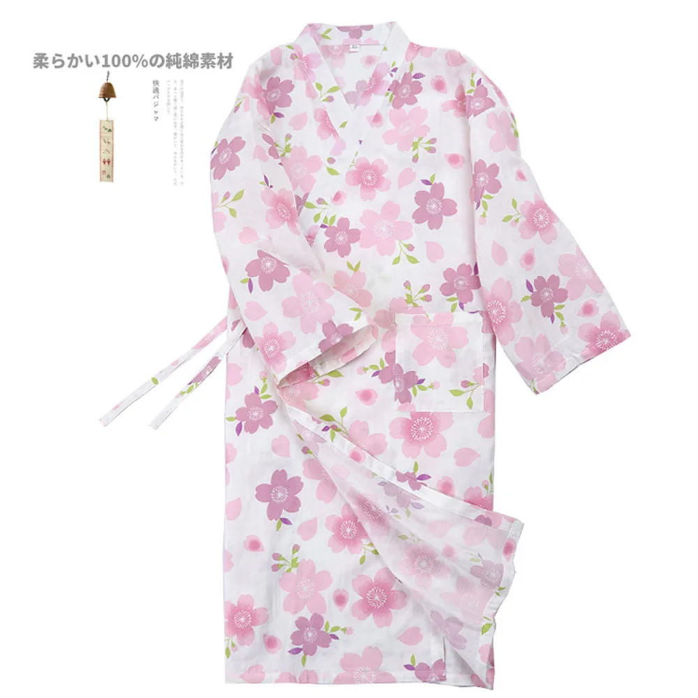Japanese Long Robes Pajamas Women Cherry Blossoms Printed Kimono Cotton Gauze Sweat Steamed Nightgown Tracksuit