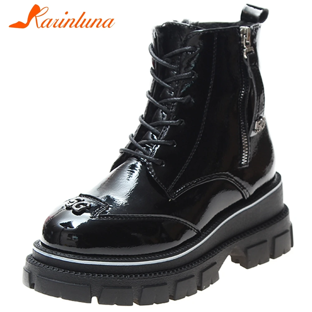 

KARINLUNA New Fashion Snow Boots Ladies Chunky Heels Non-slip Shoes Woman Zip Cross Tied Warm Fur Ankle Boots Women Winter 2019