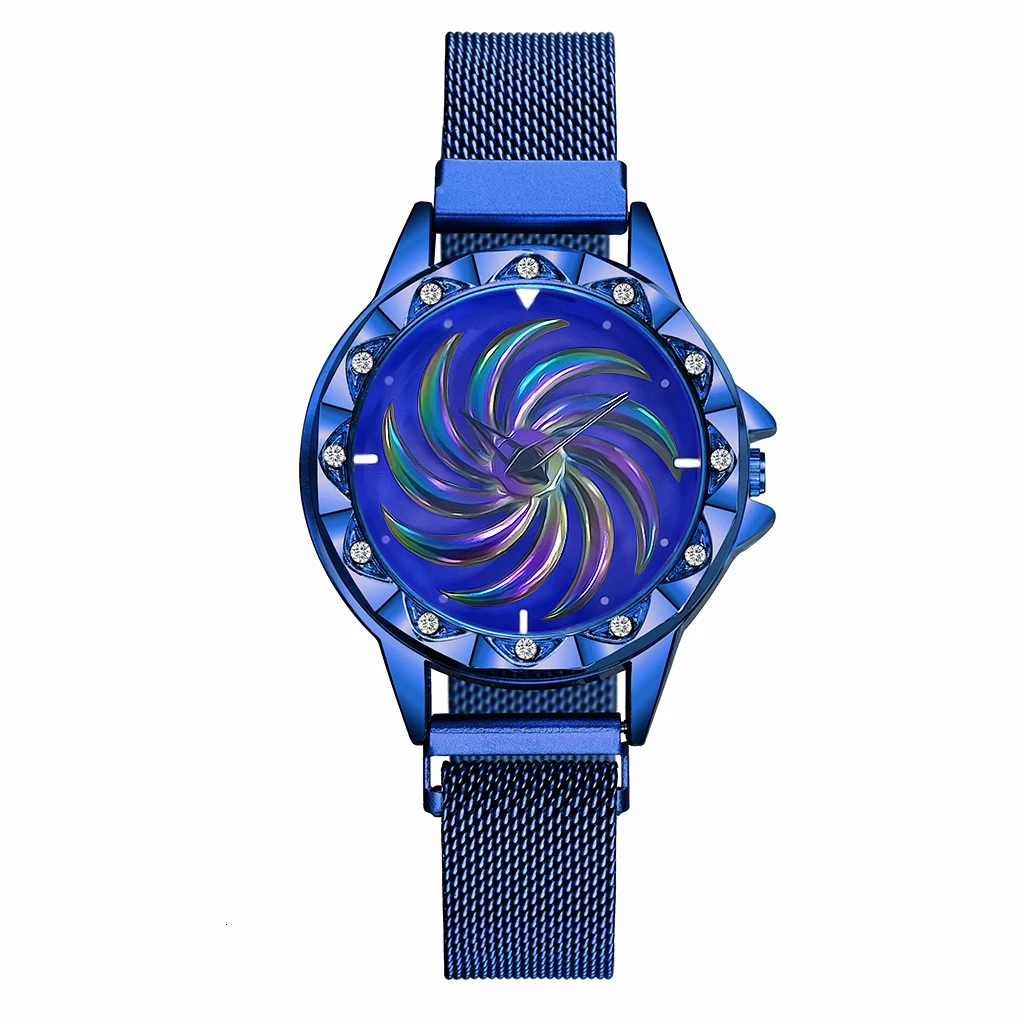 Женские вращающиеся часы с магнитной пряжкой роскошные женские кварцевые часы из нержавеющей стали Relogio Feminino - Цвет: blue
