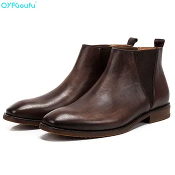 

QYFCIOUFU 2019 high quality Men's Military Boots Solid Genuine Leather Chelsea Boot Winter Vintage Party Shoes Male ankle boots