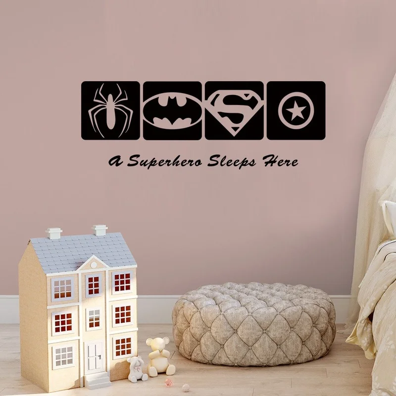 Superhero Sleep Here Pattern Baby Boy  Bedroom Decor Kid's Room Decoration Wall Stickers  Accessories