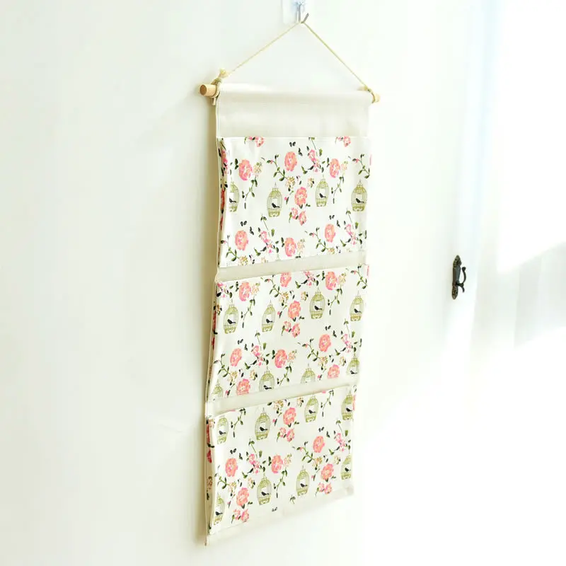 Japanese-style Multi-functional Book Debris Storage Bag 3-Pocket Cotton Linen Hanging Storage Bag Wall Wardrobe Door after Decor
