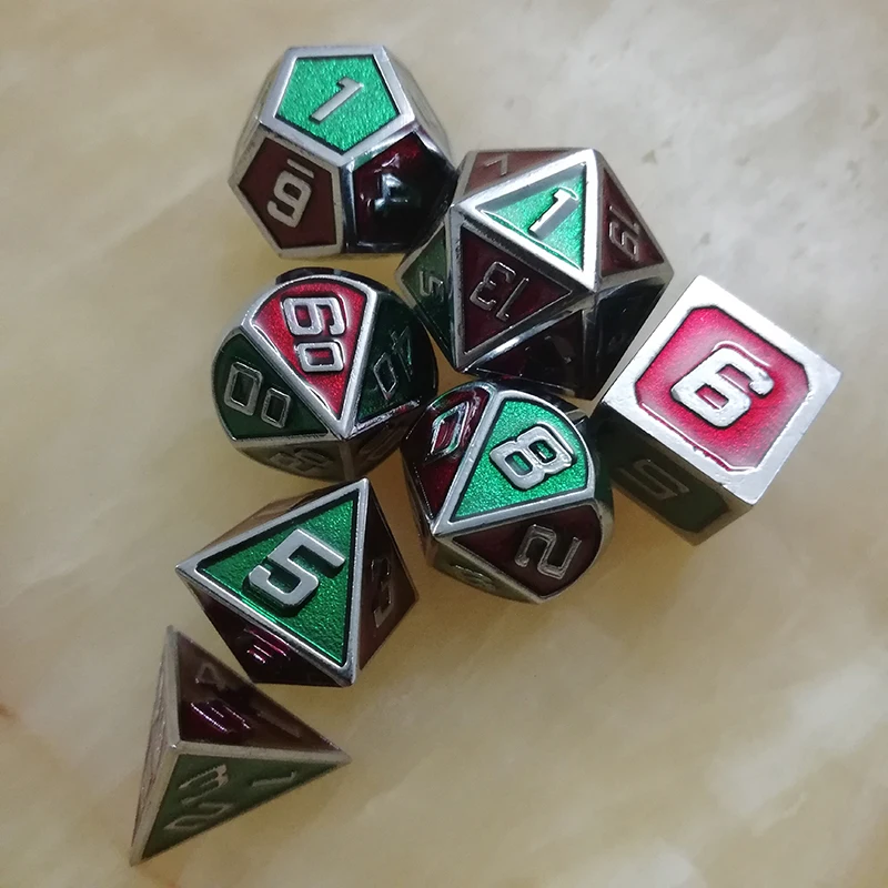 Игральные кости DND металлические РГП набор многогранных подземелий Дракон d20 10 6 8 12 настольные игры цинковый сплав смешивание Красный Зеленый цифровой узор в кости