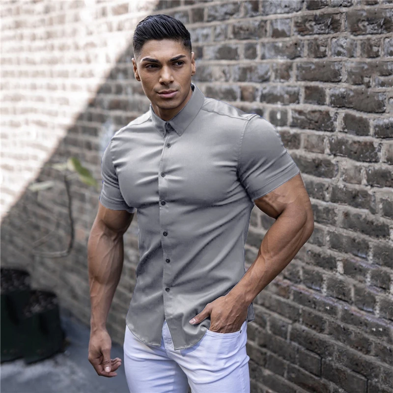 Brand Casual Summer Luxury Solid Short Sleeve Slim Fit Shirt Men Streetwear  Social Dress Shirts Mens Fashion Gym Sports Jersey - AliExpress