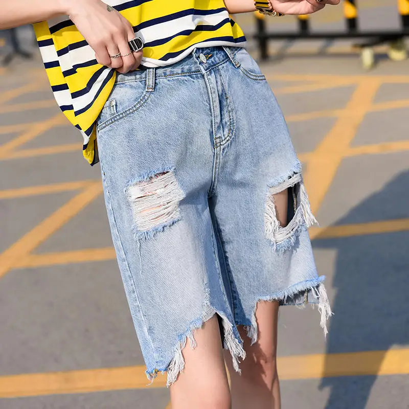 Vintage Streetwear Short Hole Ripped Jeans For Women Capris Boyfriend Jeans Denim Midi Straight Pants Casual Lady Jeans C5539