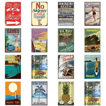 

Wall Metal Tin Signs Hawaii Plaques This Way To The Beach Big Wave Plaque Iron Pub Wall Stickers Metal Art Poster Antique