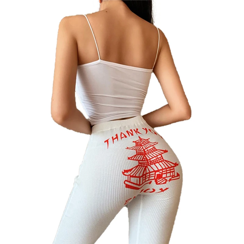 Red Tower Print Tight Trousers High Waist Comfortable Women Trousers Fashion All-match Sports